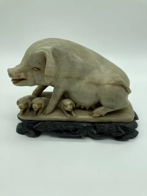 Antique Chinese Carved SOAPSTONE PIG & Baby PIGLETS Ornate Wood Base Asian CHINA