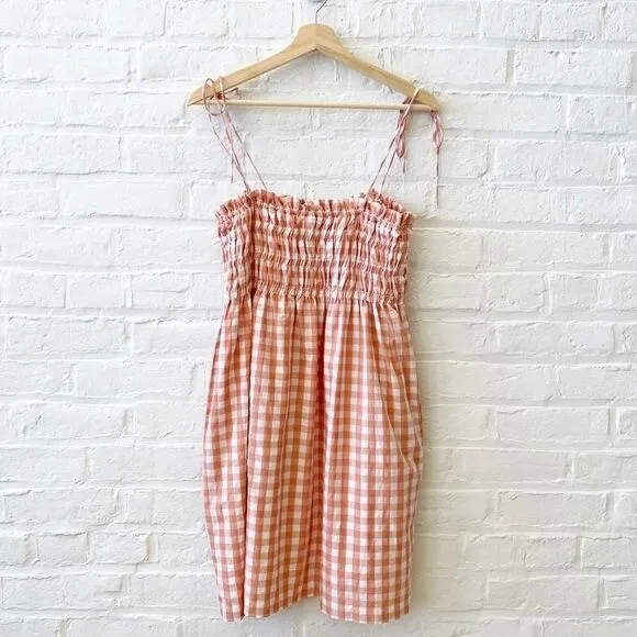 The Impeccable Pig || Smocked Tie Shoulder Mini Dress Ping Gingham Pockets M