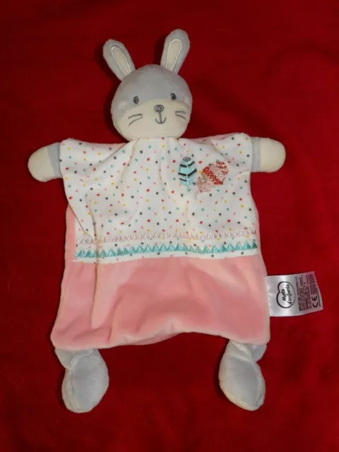 Doudou Mots d'Enfants Lapin Gris Blanc Rose Plume Pois