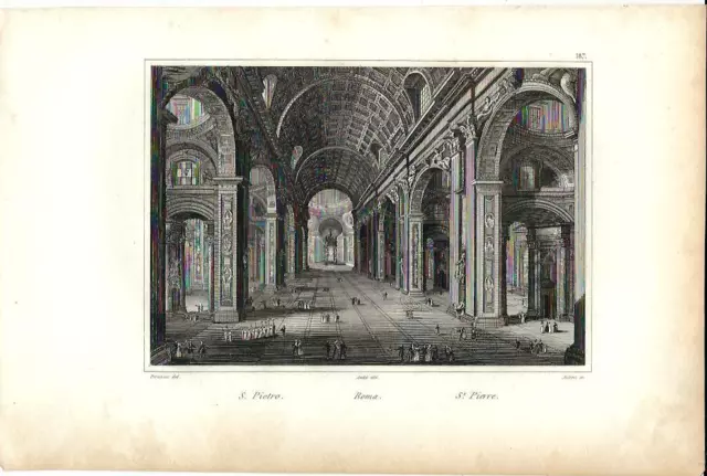 Stampa antica ROMA Basilica di San Pietro interno 1834  Old print Engraving Rome