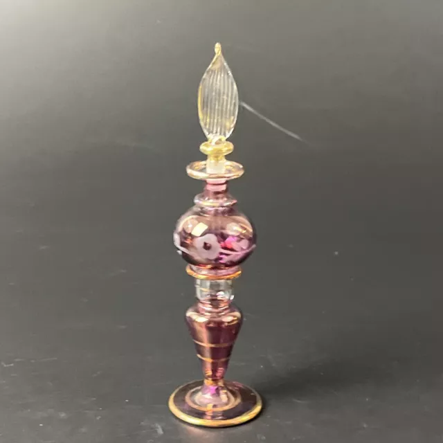 Vintage Egyptian Hand Blown Pink Purple Etched Glass Perfume Bottle Gold Trim 6"