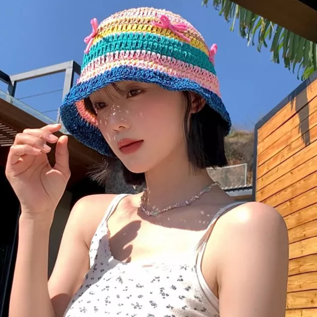 Weave Bucket Hat Stripe Beach Hat Rainbow Color Straw Hat  Apparel Accessories