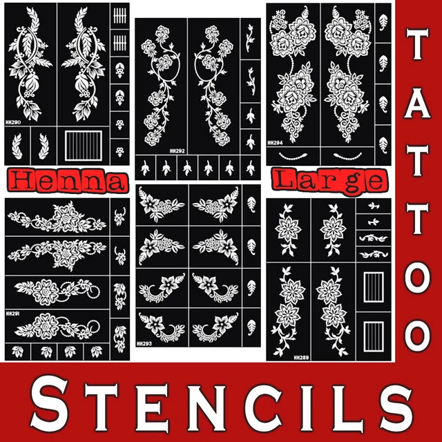 TEMPORARY TATTOO LARGE Mehndi Henna Stencils Template Body Art Glitter
