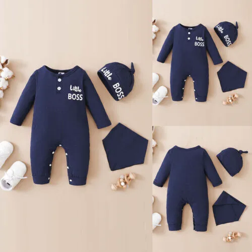 Newborn Baby Boys Letter Solid Outfits 3PCS Hat Romper Bodysuit Playsuit Clothes