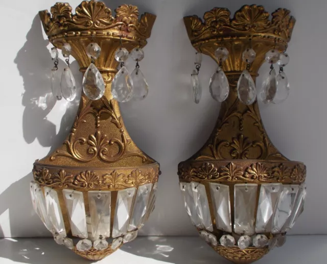 BEAUTIFUL CRYSTAL Vintage Gilt Brass FRENCH Dore Signed WALL SCONCES