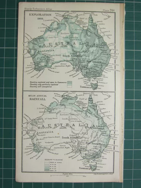 1904 Small Map ~ Australia Showing Exploration (1903) ~ Mean Annual Rainfall