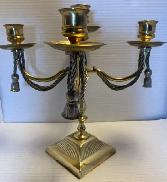 Vintage 11”H 12”W Brass 4 Arm Candelabra 5 Candles Braided Rope Goth Victorian
