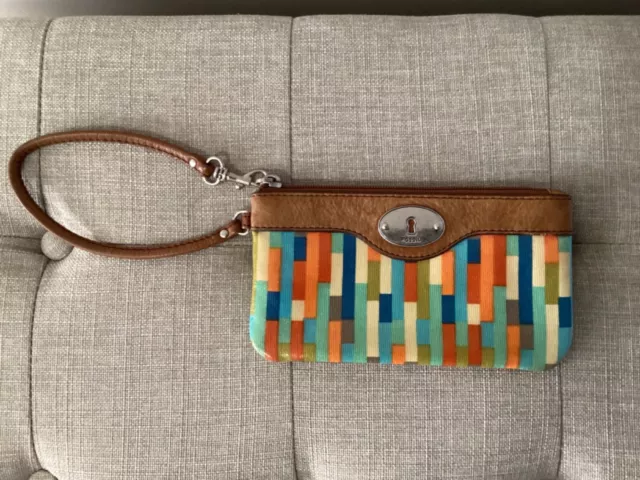 Fossil Key Per Wristlet Multicolored Coated Canvas & Brown Leather Zip Pouch