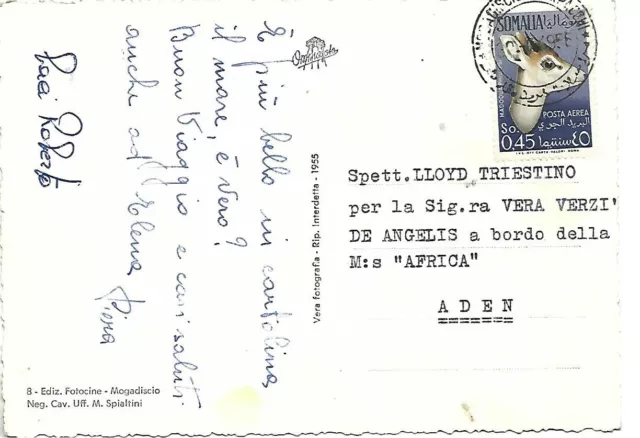 1956 Somalia Afis 45C   Isolato Su Cartolina X Lloyd Triestino M.s Africa Aden