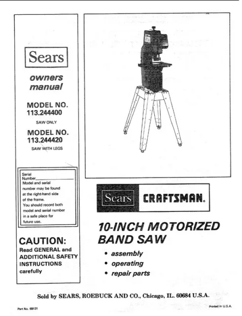 Owner's Manual & Parts List  Sears Craftsman 10" Band Saw - Model 113.244400