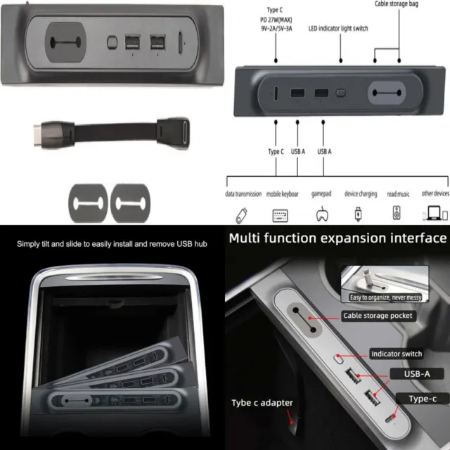 Hub USB Tesla,Caricacavo Estensibile Per Tesla Model 3 Y 2021‑2023 Docking...