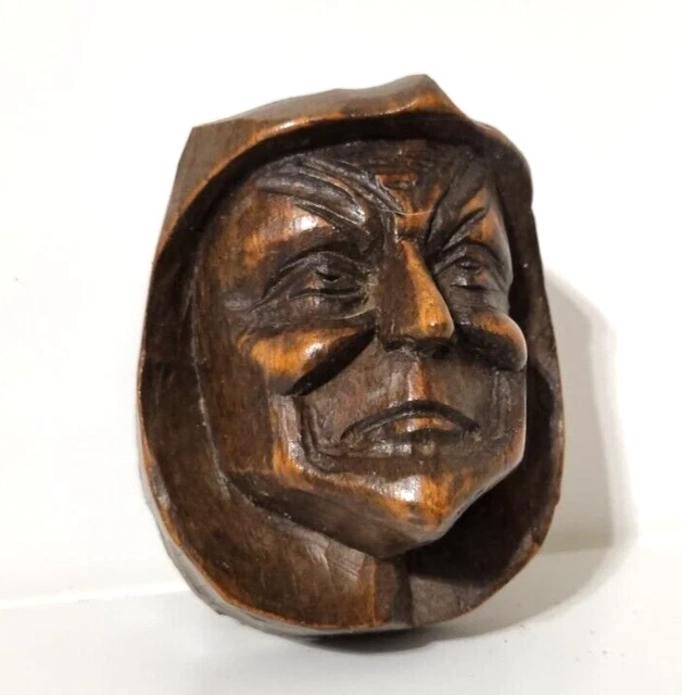Mascaron monk face wood carving pediment Antique french architectural salvage 4" 3