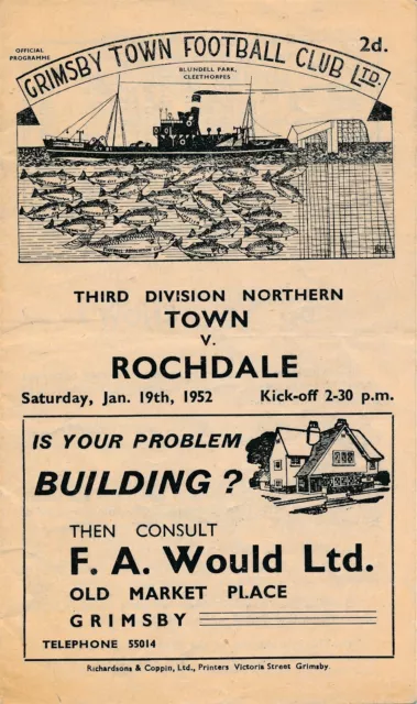 Grimsby Town v Rochdale 1951/1952 - Football Programme