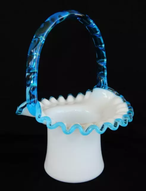 VTG Fenton Art Glass Aqua Crest Basket Applied Blue Bamboo Handle