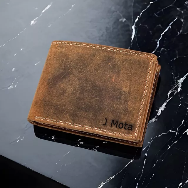 Personalised Custom Engraved RFID Blocking Mens Distressed Hunter leather Wallet 2