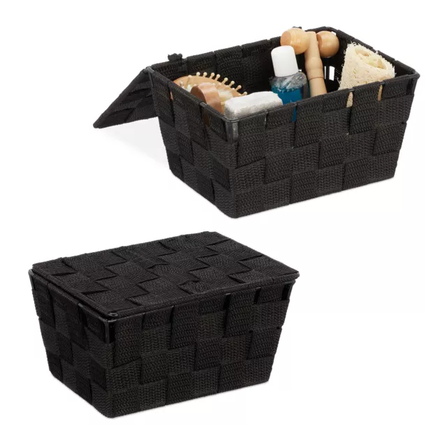 Panier de rangement lot de 2 avec couvercle boîte de rangement noir bain