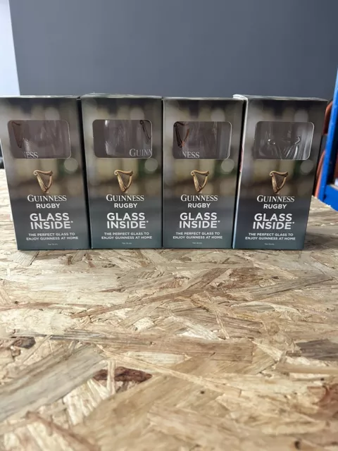 Guinness Rugby 500ml Embossed Glass - Four Boxed Glasses - Brand New!!