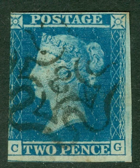 SG 14f 1841 2d blue plate 3 lettered CG. Very fine used with a number '8'...