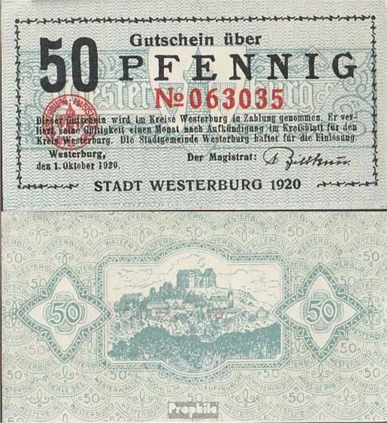 westerburg Notgeld: 50 Pf Notgeld the City westerburg bankfrisch 1920 50 Pfennig