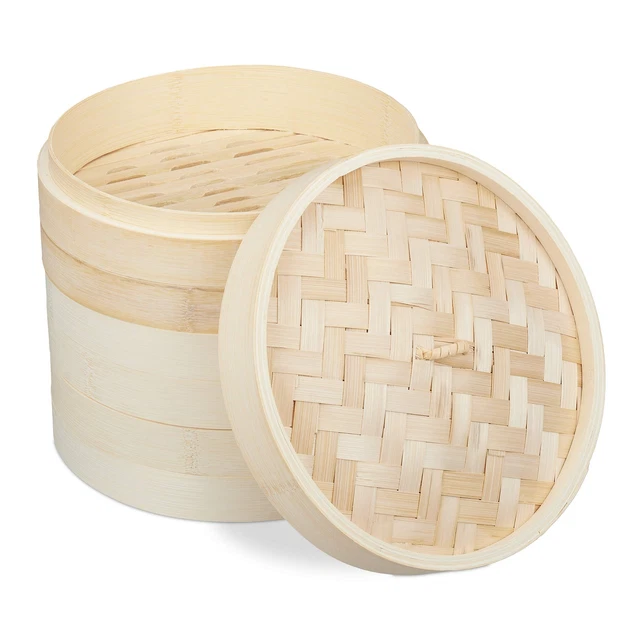 Cuiseur Vapeur Bambou 2 Étages - Ø20.5 Cm - Pour Dim Sum, Riz, Légumes - Style Asiatique