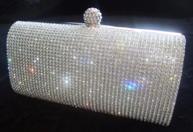 Prom Silver Diamond Crystal Stone Evening bag Clutch Purse Party Wedding Bridal