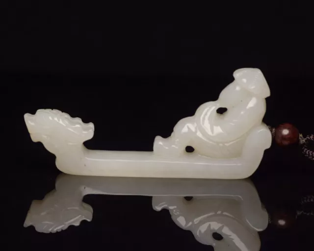 Chinese Natural Hetian Jade Hand-carved Exquisite Dragon-Boat Statue ah1106