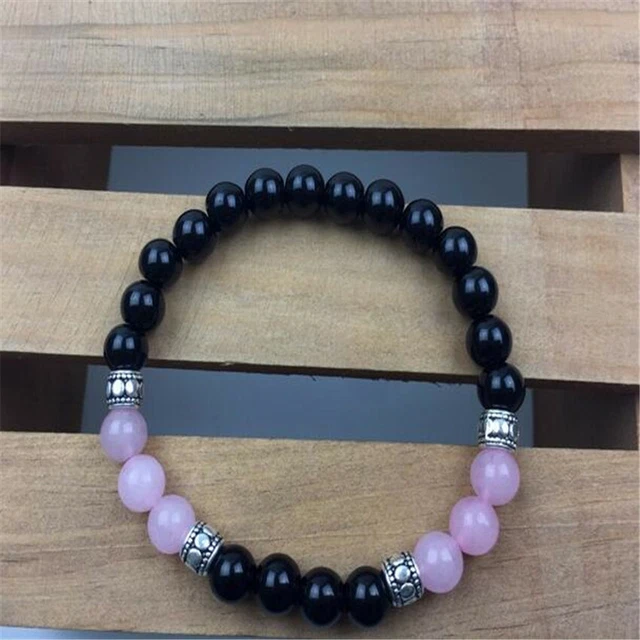 8mm Rose Quartz Obsidian Bracelet 7.5 inches Buddhism Yoga Reiki Men Cuff Wrist