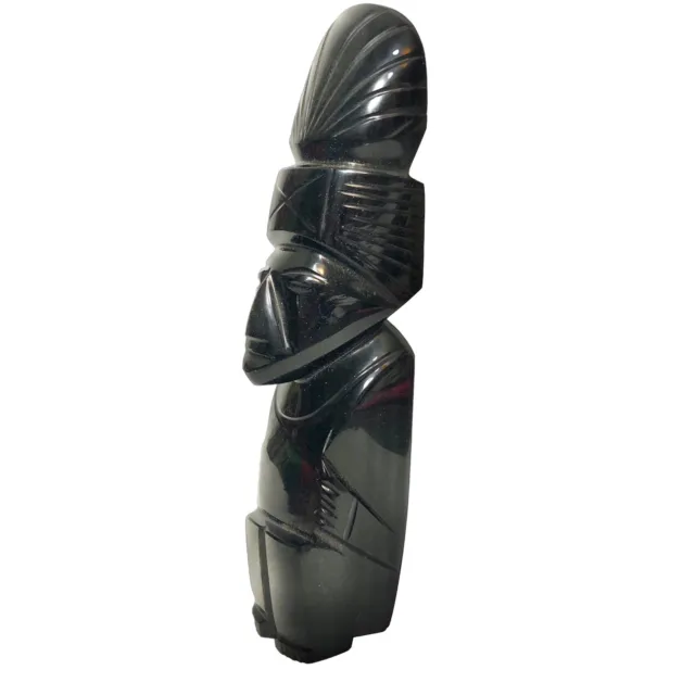 Black Onyx Obsidian Hand Carved Statue Aztec Mayan Stone Figure Tiki 8” Folk Art