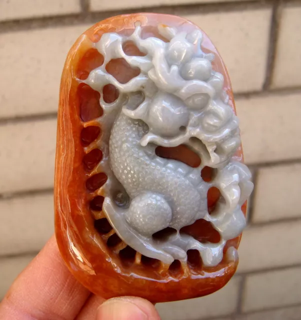 Certified 100% Natural Grade A 2 Color Jadeite Jade Hand-Carved Dragon 龍Pendant