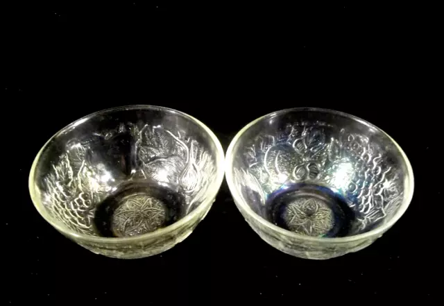 Set of 2 Clear Iridescent Glass 4 7/8" Bowls with Embossed Fruit Pattern