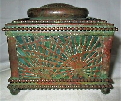 Antique L.c.t. Tiffany Studios Nyc Usa Beaded Bronze Favrile Glass Pen Inkwell