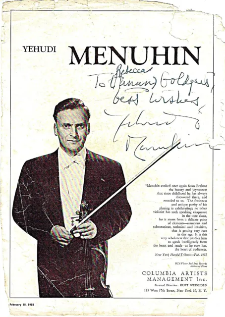 Judaica Yehudi Menuhin Violinist Original Autograph On Leaf Of Program 1955