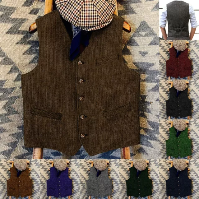 Classic Mens Vintage Herringbone Vest Tweed Waistcoat Retro Wedding Wool Hunting