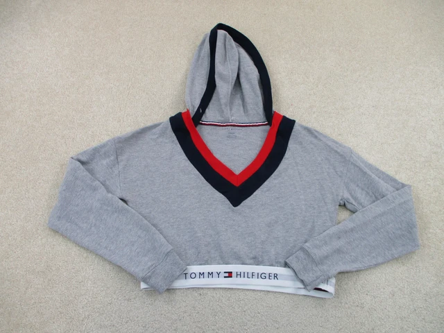 Tommy Hilfiger Sweater Women Small Gray Blue Flag Hoodie Cropped Ladies B62 *