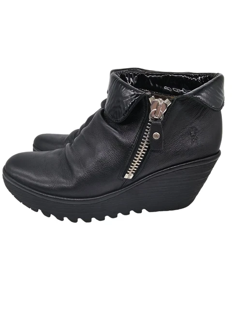 FLY LONDON YOXI Black Leather Ankle Bootie Wedge Boot EU 41 US 9.5 36.99 PicClick