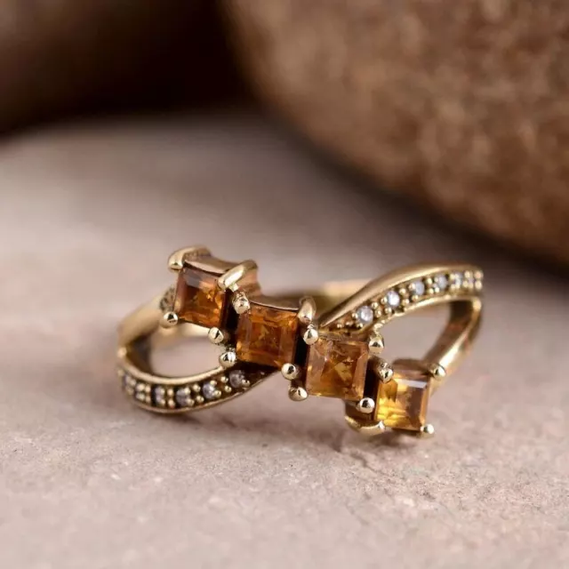 Natural Citrine Gemstone 925 Sterling Silver Cocktail Art Deco Ring For Women