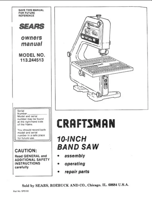 Owner's Manual & Parts List  Sears Craftsman 10" Band Saw - Model 113.244513