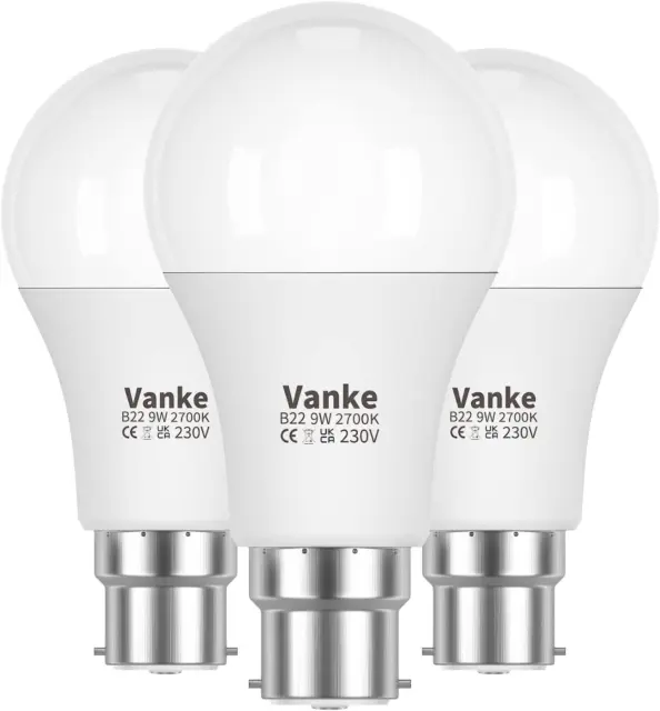 Vanke Bayonet Light Bulb 60w, B22 LED Bulbs Warm White 2700K, 9w Energy...