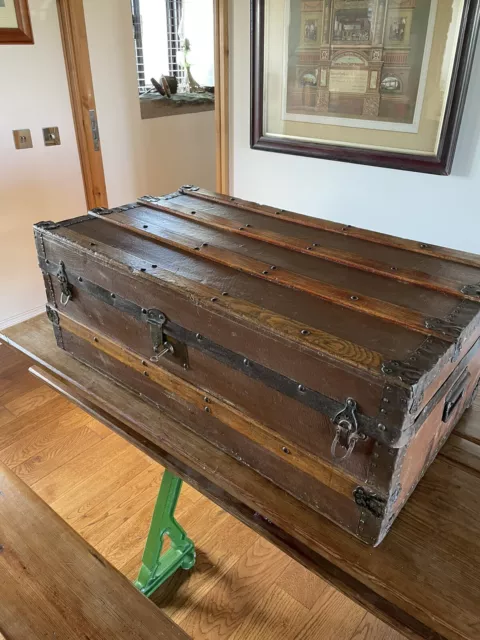 Antique 19th Century Steamer Trunk Large Victorian Sea Trunk + Key . C:-1880s.
