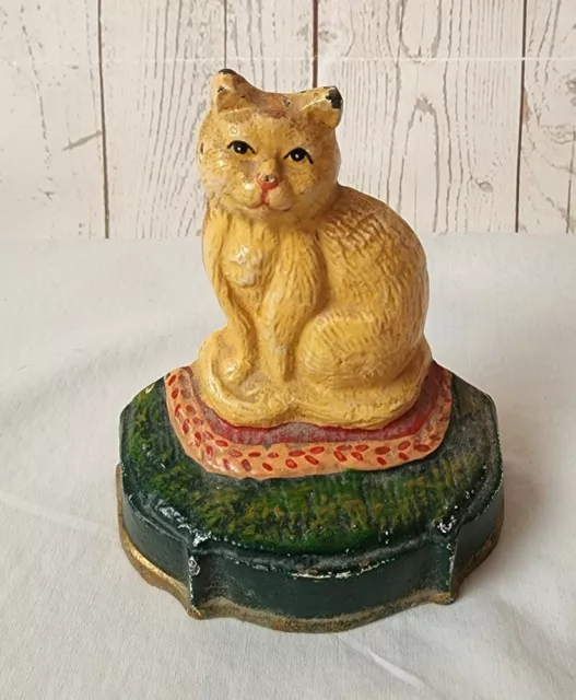 Vintage Cast Iron Painted Sitting Kitty Cat Kitten Door Stop 4 1/4"