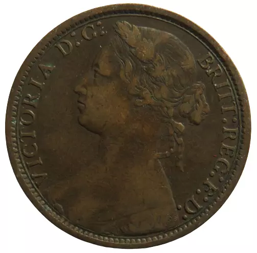1874-H Queen Victoria Bun Head One Penny Coin - Great Britain
