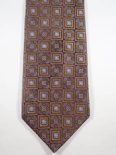 David Donahue Brown Green Gold Blue Geometric 100% Silk Neck Tie