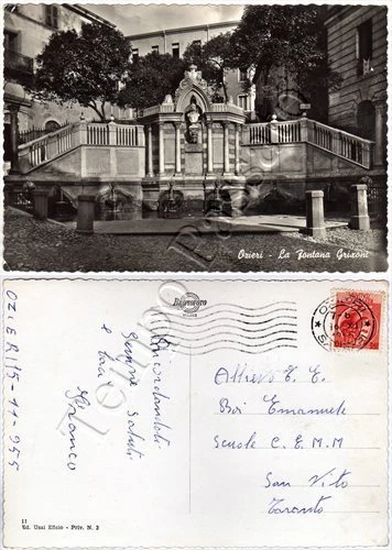 Cartolina di Ozieri, fontana Grixoni - Sassari, 1955