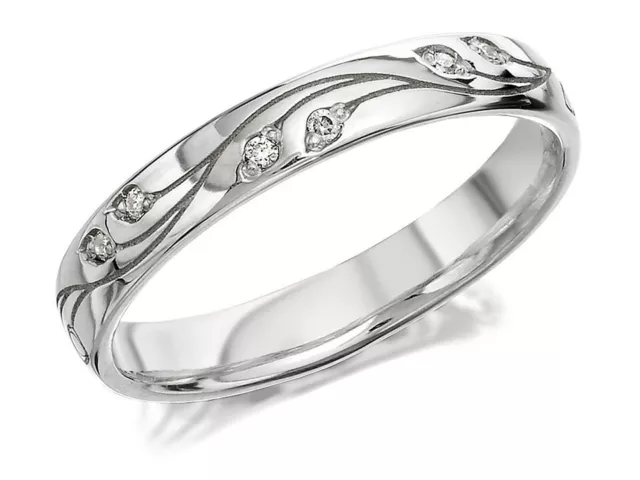 F.Hinds Womens Fine Elegant 9ct White Gold Diamond Set Leaf Wedding Ring - 3mm