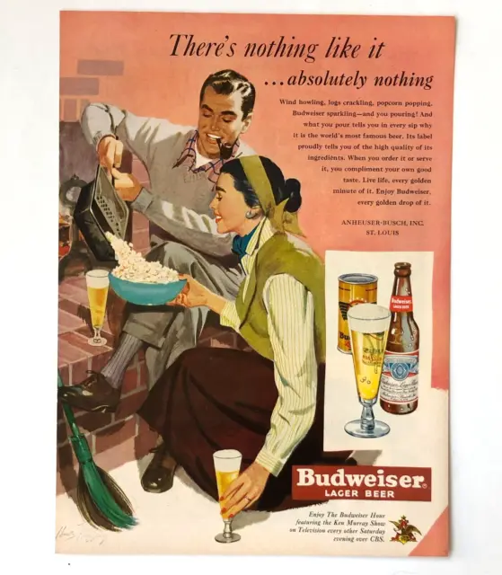 1950 Budweiser Beer Advertisement Fireplace Popcorn Artwork Vintage Print AD