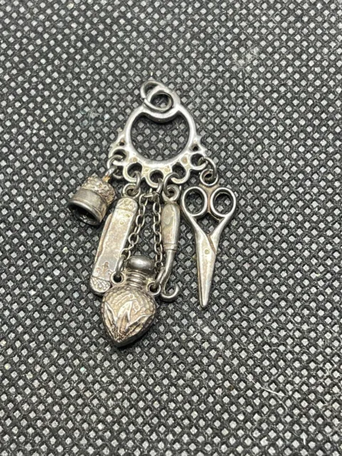 Antique sterling silver 925 multi mini sewing tool chatelaine pendant charm