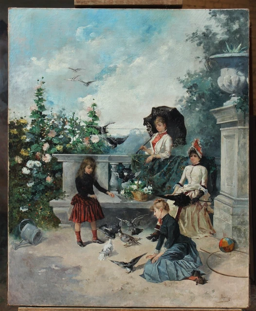 Vicente de Paredes (1857-1903)-Family scene in the garden, child, woman, umbrella
