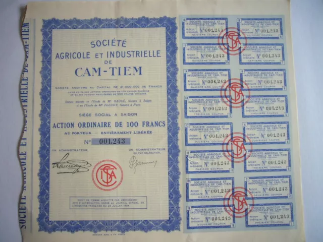 Action titre Indochine Saigon Société agricole et industrielle de Cam-Tiem 1936