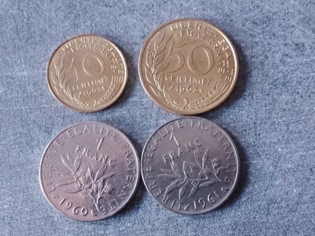 Lot pieces 10 centimes 1963, 50 centimes 1963 à 4 plis, 1 franc 1960, 1961