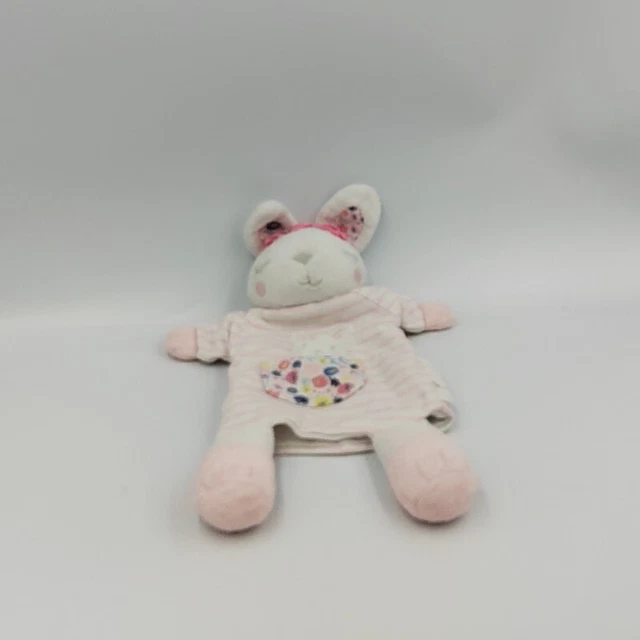 Doudou plat marionnette lapin blanc rose rayé fleurs SERGENT MAJOR - 30554